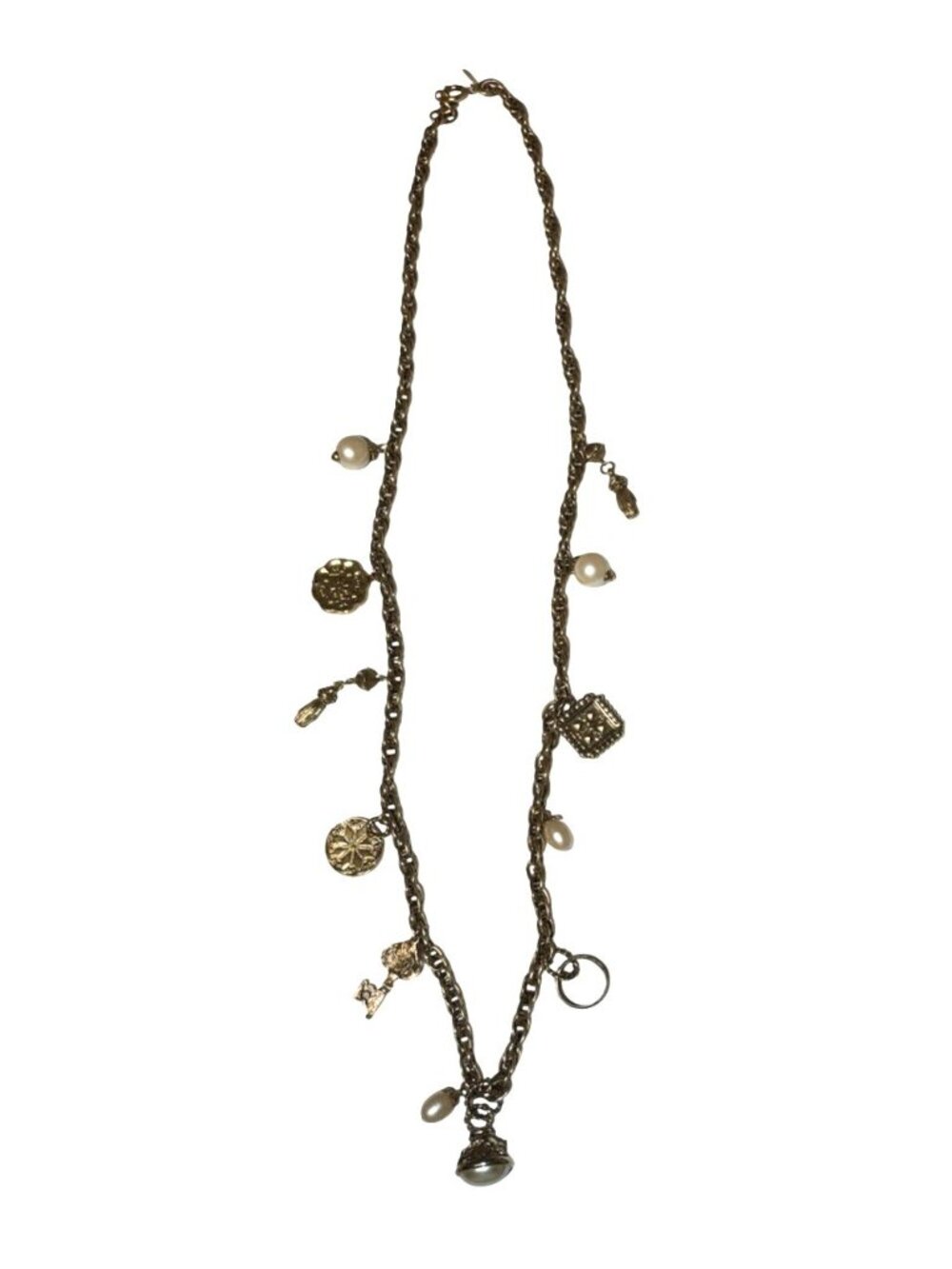 1928 Signed Gold Tone Pearl & Key Charm Pendant Necklace 34"